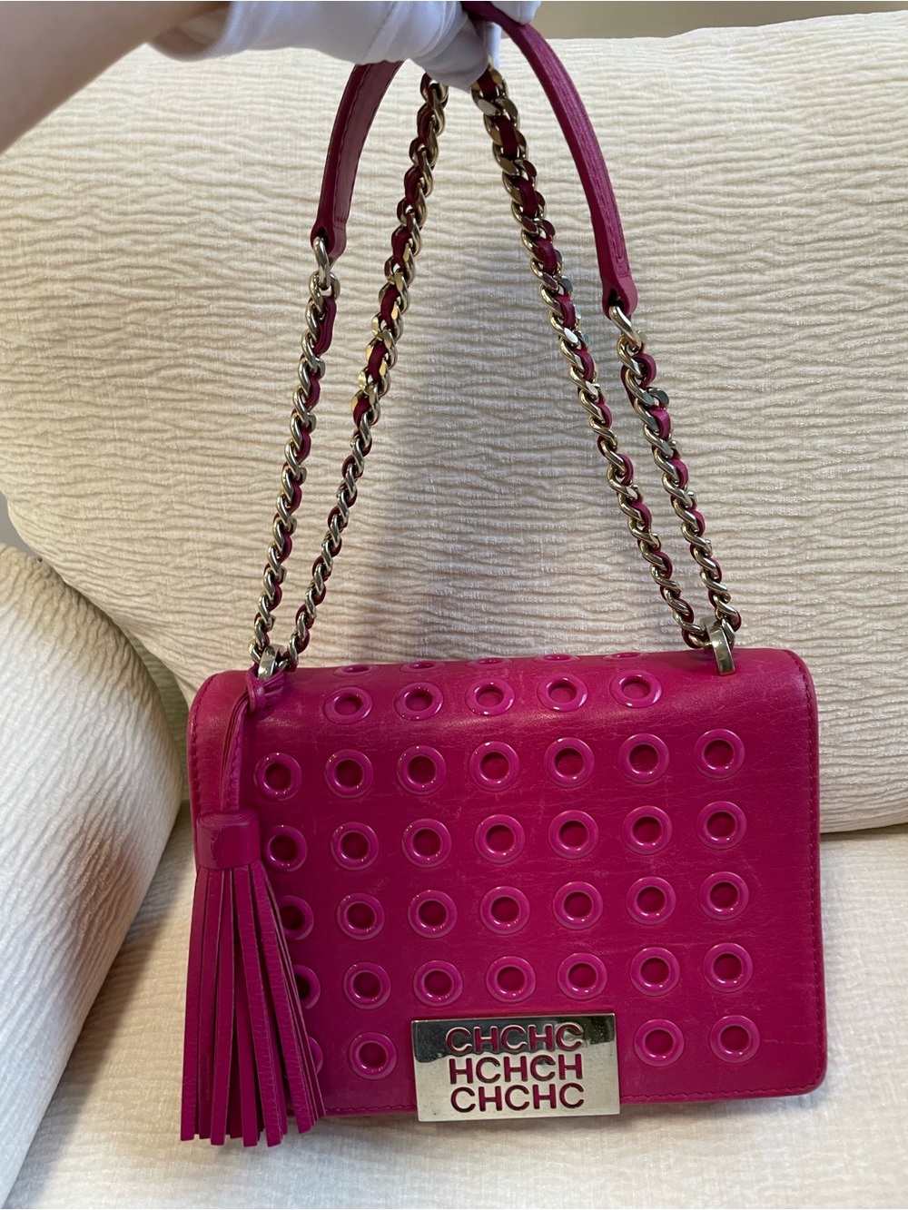 Carolina Herrera Fuchsia Leather Shoulder Bag with Tassel & Grommet Detail
